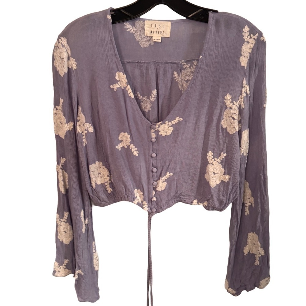 Lost + Wander Iris Crop Top Button Down White Floral Embroidery Bell Sleeves| M